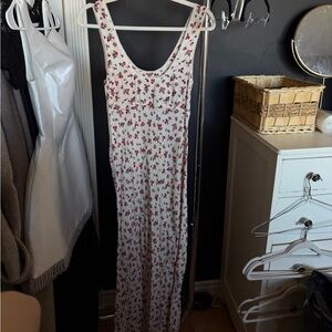 Sleeveless White Maxi Dress with Red Floral Print